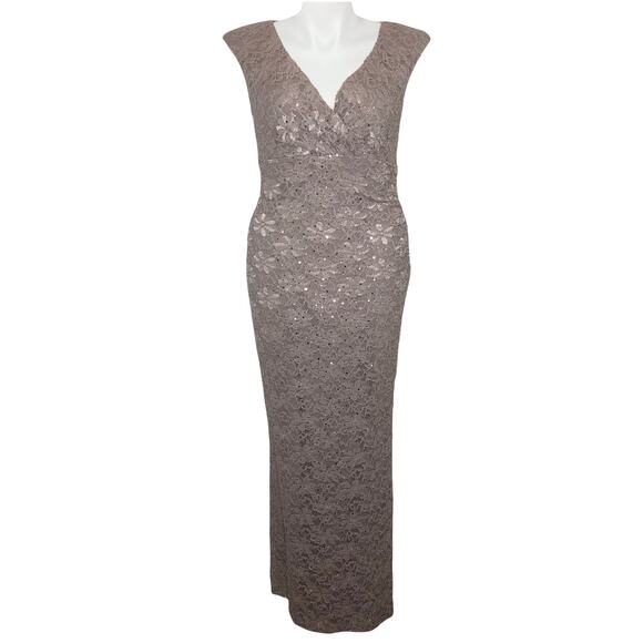 Connected Apparel Dusty Taupe Maxi Sequined Lace Evening Gown- Size 12 - Picture 2 of 10